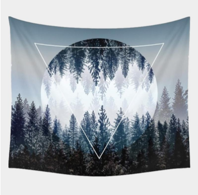 Boho print tapestry featuring a forest landscape with a large circular element of inverted trees and a white geometric triangle overlay.