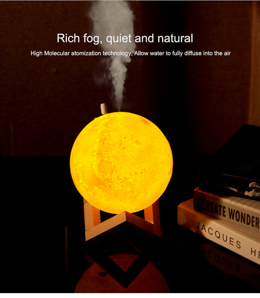 Moon-shaped night light and air humidifier on a wooden stand, emitting mist and a warm glow, with books and flowers. - Image 6