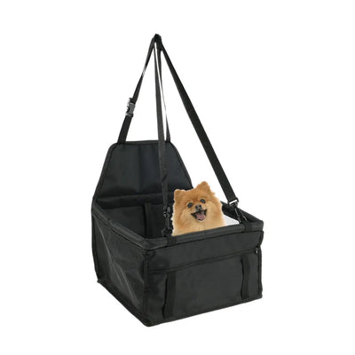 Light grey pet car booster seat with black mesh sides and adjustable straps, installed on a black and red car seat. - Image 22