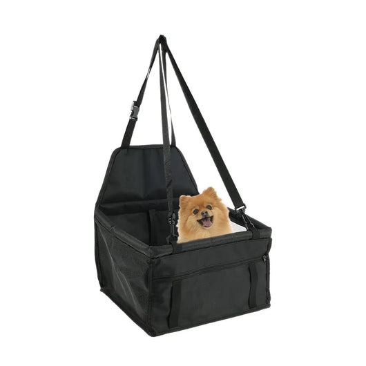 Light grey pet car booster seat with black mesh sides and adjustable straps, installed on a black and red car seat. - Image 22
