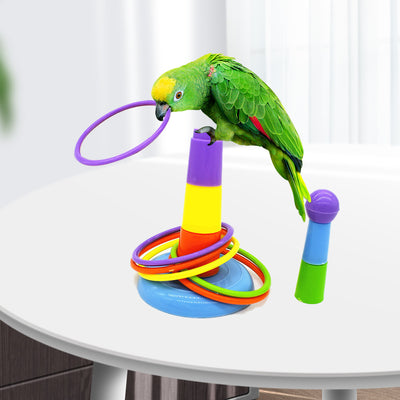 Colorful plastic bird ring toss toy with a stackable post and multiple rings, demonstrated by a lovebird.
