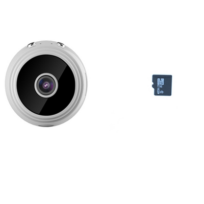 White A9 WIFI wireless network camera with a black lens, shown next to a black 32GB microSD card. - Image 11