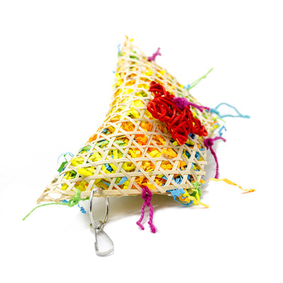 Colorful bird toy made from woven straw, filled with shredded paper, with a red star and hanging hook. - Image 7