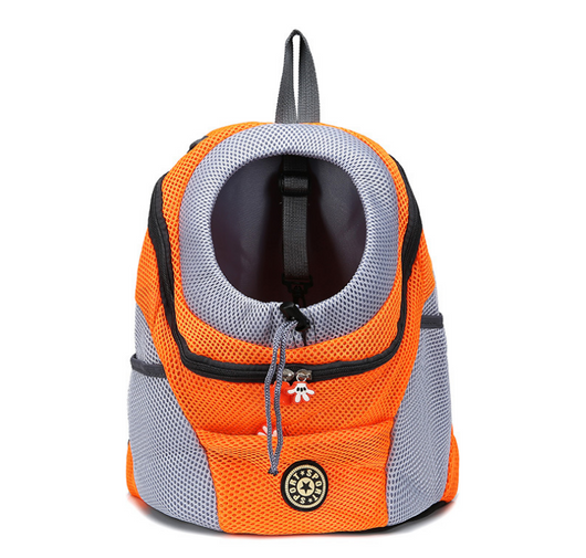 Orange and grey pet carrier backpack with breathable mesh, adjustable neck opening, and front zipper pocket. - Image 7