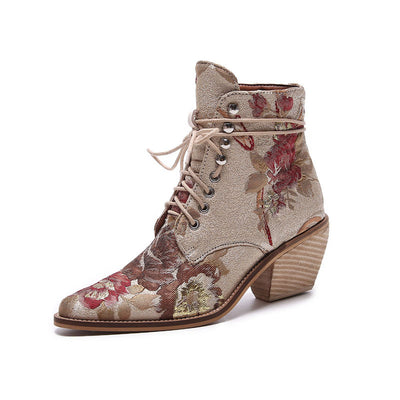 Botas Cortas Étnicas Bordadas con Tacón Grueso y Cordón Frontal - Image 7