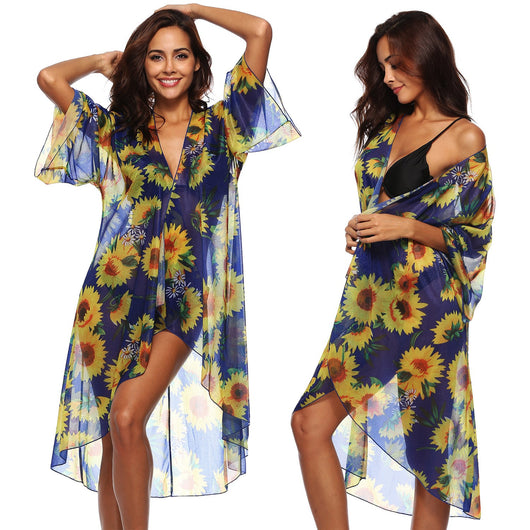 Abrigo con Estampado Floral Girasol y Borlas