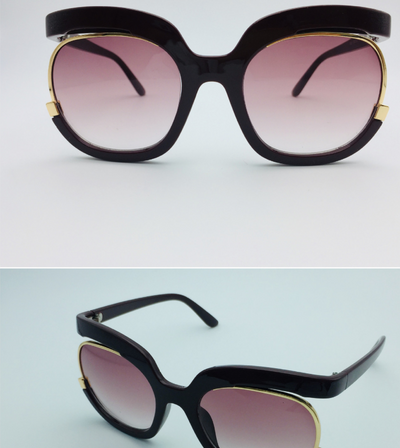 Black cat-eye half-frame sunglasses with gold accents and purple-grey gradient lenses, shown from front and side. - Image 17