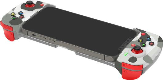 Teal mobile phone wireless game handle with a smartphone inserted, displaying a game, compatible with iOS and Android. - Image 12