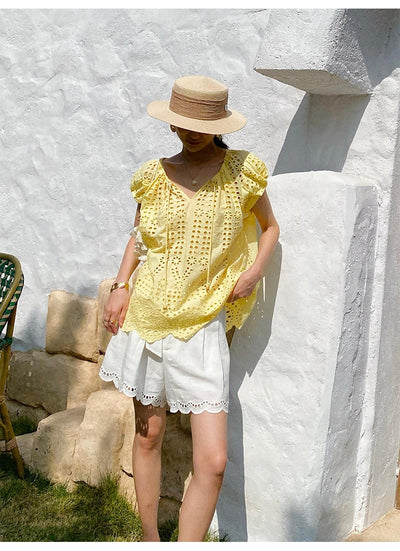 Blusa Bordada Estilo Vacacional Manga Corta Diseño Francés de Verano - Image 25