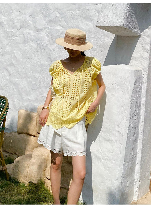Blusa Bordada Estilo Vacacional Manga Corta Diseño Francés de Verano - Image 25