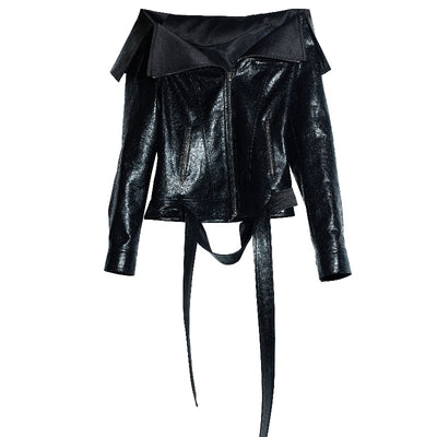 Chaqueta de Cuero PU con Hombros Descubiertos y Solapa Ancha - Image 11