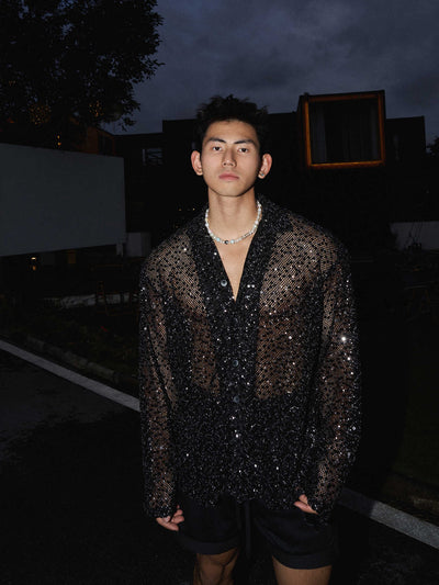 Camisa de Manga Larga con Lentejuelas Plateadas y Detalles Calados para Hombre - Image 6