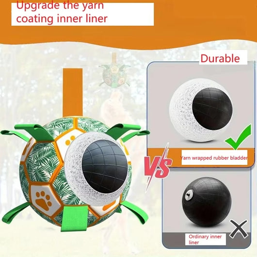 Interactive pet football toy with green palm leaves, orange paw prints, grab tabs, and a ball pump. - Image 2