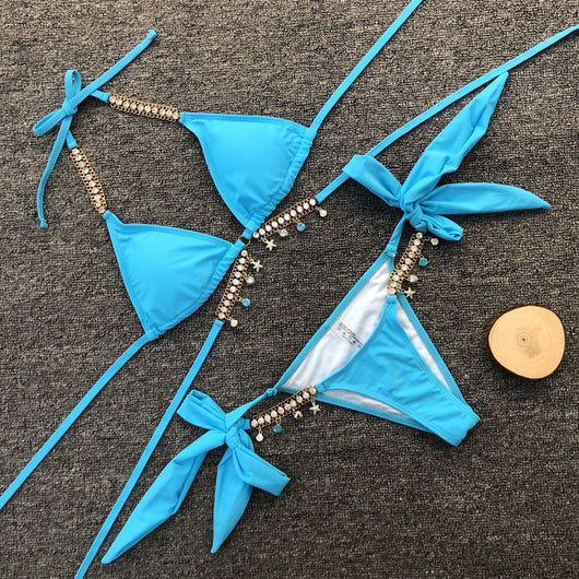 Turquoise triangle bikini with gold-toned rhinestone chain halter straps and matching charm-embellished waistline. - Image 4