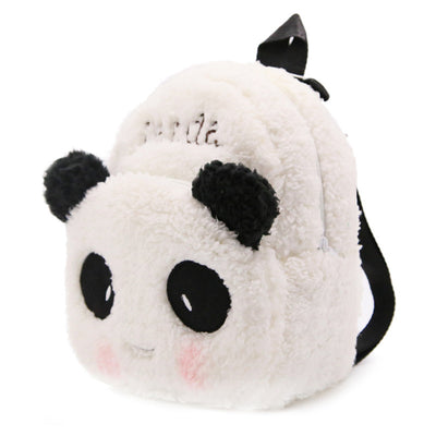 Fluffy white panda backpack for children with black ears, eyes, nose, pink cheeks, and adjustable black straps. - Image 2