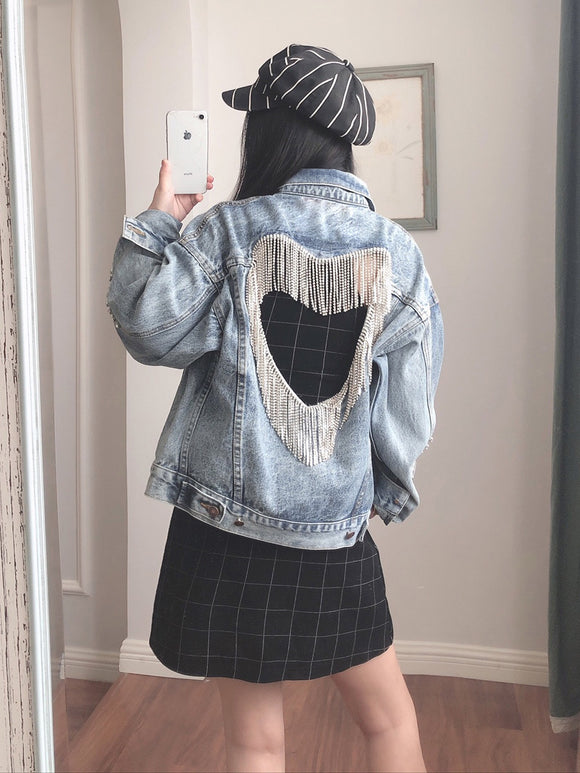 Chaqueta de Mezclilla con Borlas de Diamantes