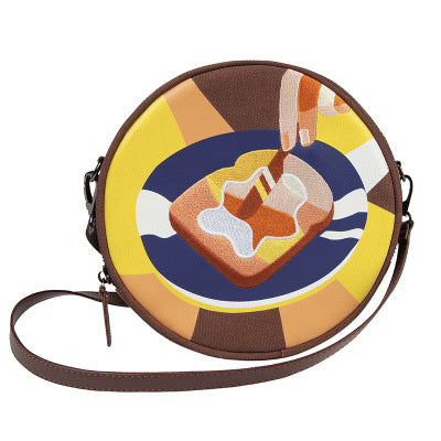 Bolso Redondo Pequeño de Lona con Bordado Diagonal