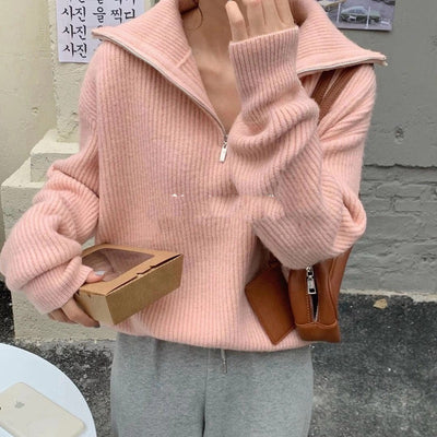 Suéter con Cuello Solapa y Cierre de Cremallera - Estilo Francés Japonés para Mujer - Image 3