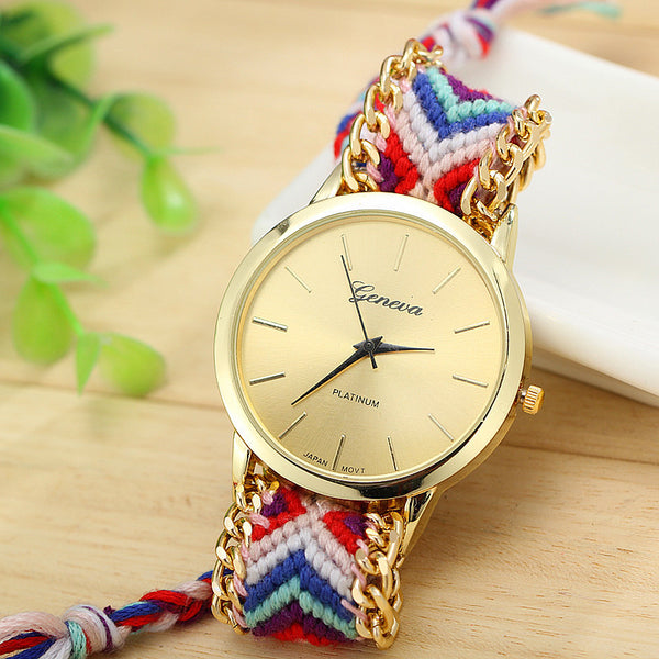 Reloj con Pulsera Tejida de Colores y Cordón Ajustable