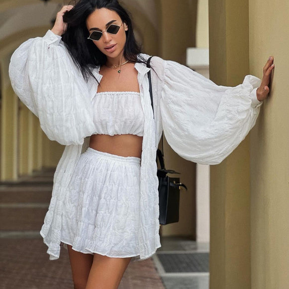 Conjunto de 3 Piezas: Blusa Suelta Manga Larga, Short Cintura Alta