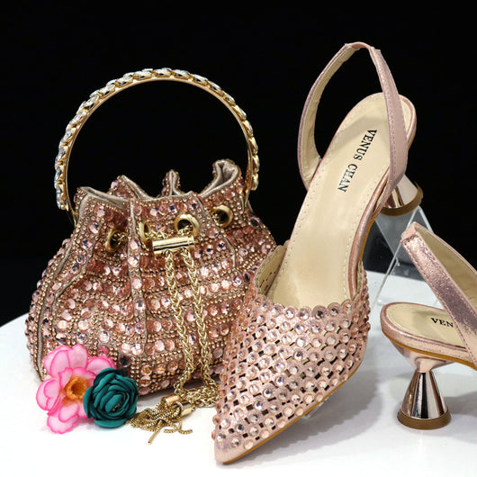 Bolso de Piedra Colorida con Zapatos de Tacón Medio y Punta Afilada para Mujer - Image 3