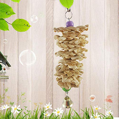 Natural grass bird toy with a woven cylindrical body, purple and green beads, a golden bell, and a metal hook. - Image 6