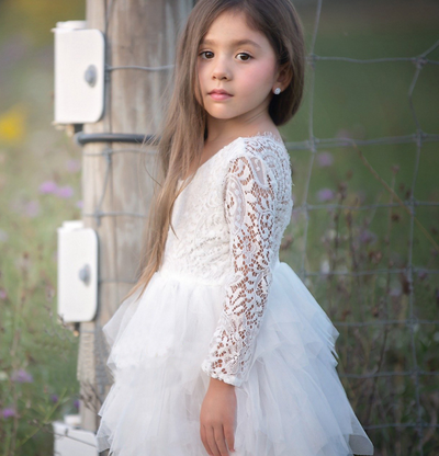 Vestido Princesa Niña Encaje Manga Larga Blanco Irregular Otoño Invierno - Image 3