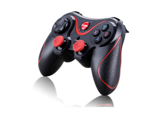 Black wireless Bluetooth gamepad with red accents, featuring a D-pad, analog sticks, and face buttons, shown with a detachable black smartphone clip. - Image 7