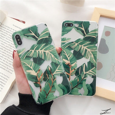 Funda para celular con diseño de hoja de plátano y acabado bronceado