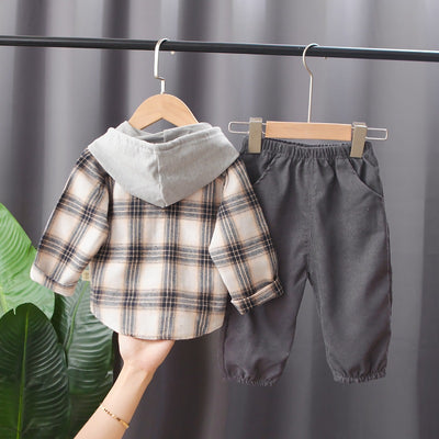 Conjunto de Abrigo Cuadriculado con Capucha, Camisa de Manga Larga y Sudadera para Niños - Image 3
