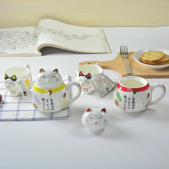 Juego de Té Gato de la Suerte Cerámica - Taza y Tetera Decorativa