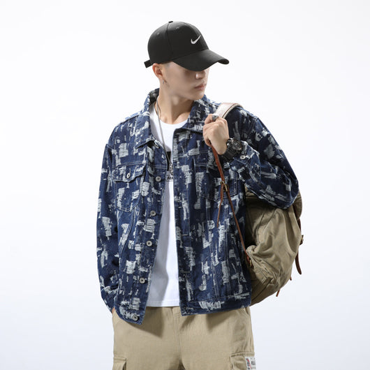 Chaqueta Denim Jacquard para Hombre Estilo Retro Japonés con Detalles Rotos - Image 4