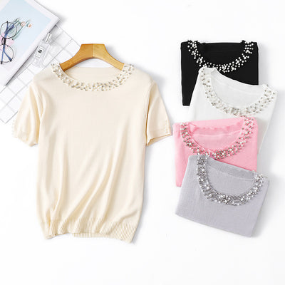 Blusa Suelta de Cuello Redondo con Cuentas en Colores Sólidos