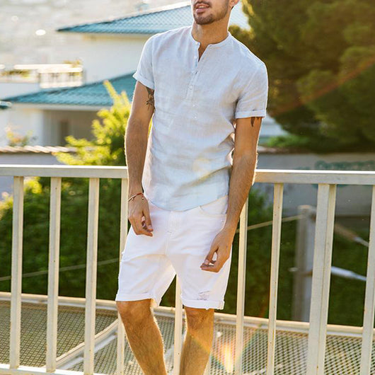 Camisa de Lino y Algodón con Cuello de Pie de Manga Corta - Image 8