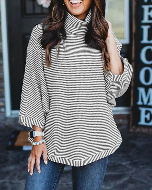 Blusa Casual de Cuello Alto con Estampado a Rayas para Mujer - Image 10