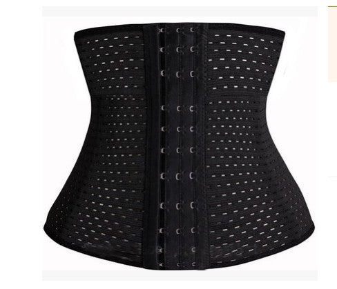 Beige steel-boned waist trainer corset with a hook-and-eye front closure and perforated, breathable fabric.