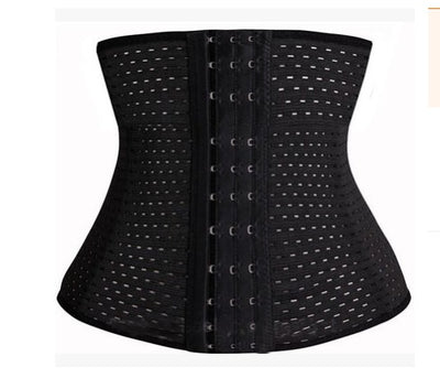 Beige steel-boned waist trainer corset with a hook-and-eye front closure and perforated, breathable fabric.
