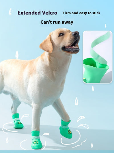 Four yellow silicone dog booties with a cartoon dog face emblem and "LUCKY" strap on a light blue background. - Image 16
