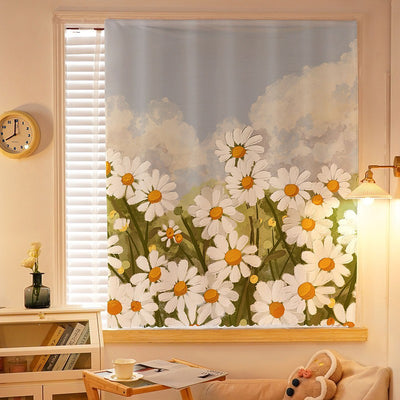 Printed Velcro cabinet curtain with a cartoon oil painting of white and yellow tulips under a light blue sky with clouds and a crescent moon. - Image 7