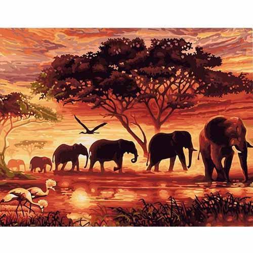 Cuadro Pintura por Números Elefantes Atardecer - Arte Moderno DIY para Decoración del Hogar