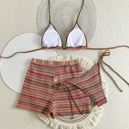 Traje de Baño Tres Piezas con Shorts Tejidos de Contraste - Image 34