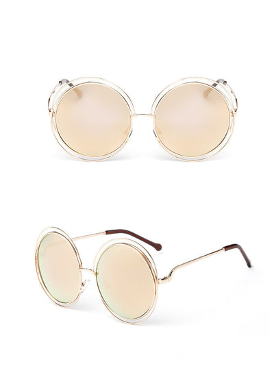 Round metal cutout sunglasses with silver mirrored lenses and a double-rimmed frame, shown from front and angled views. - Image 3