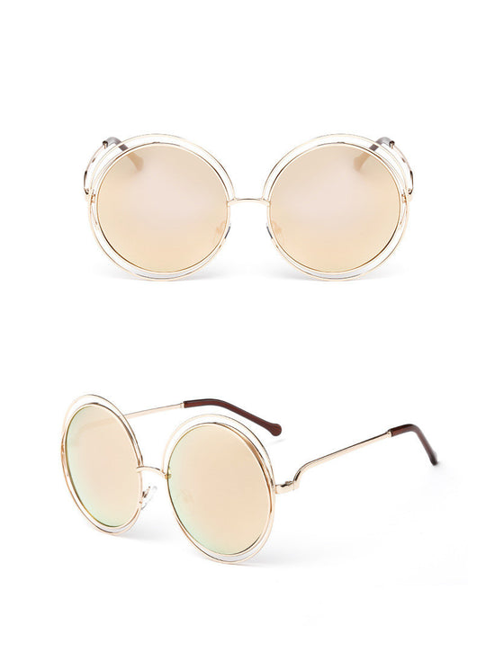 Round metal cutout sunglasses with silver mirrored lenses and a double-rimmed frame, shown from front and angled views. - Image 3