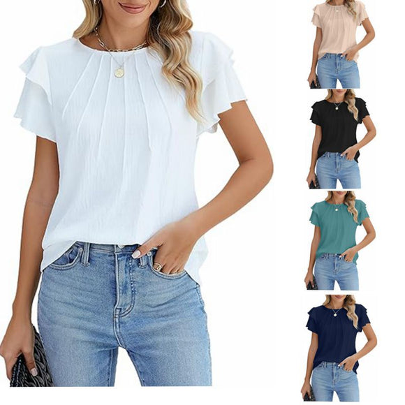Blusa Ejecutiva Plisada de Manga Corta Cuello Redondo