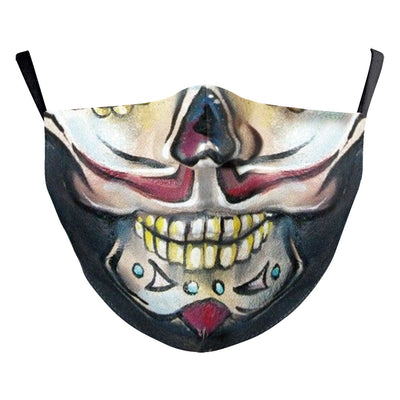 Black double-layer face mask with a repeating pattern of glowing white jack-o'-lantern faces and ear hooks. - Image 15