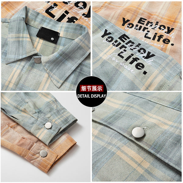 Camisa Cuadriculada Retro Americana con Bordado de Alfabeto