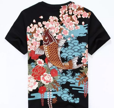 Camiseta Dragón Carpa Bordado Chino - Manga Corta