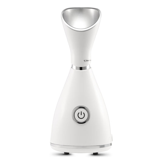 White facial steamer with a silver-toned steam nozzle and a prominent power button on the front, designed for home skincare. - Image 12