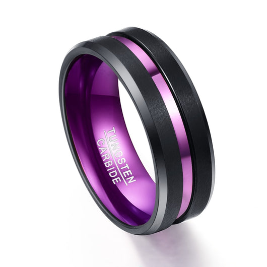 Anillo de Tungsteno para Hombre con Surco Frosted y Aro Interior Morado