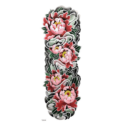 Full arm temporary tattoo sticker with a black, red, and light blue tribal design, featuring abstract shapes and patterns. - Image 41